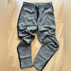 Brown, black and burnt orange plaid elastic waist, comfortable straight leg pant